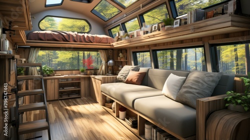 b'The interior of a cozy camper van with a large window'