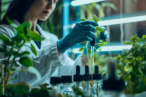 Biologist uses Dropper Plant in lab experiment to synthesize compounds. Concept Biology Research, Lab Experiment, Plant Synthesis, Chemical Compounds, Dropper Method photo