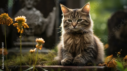 b'A cute cat is sitting on the ground in a garden'