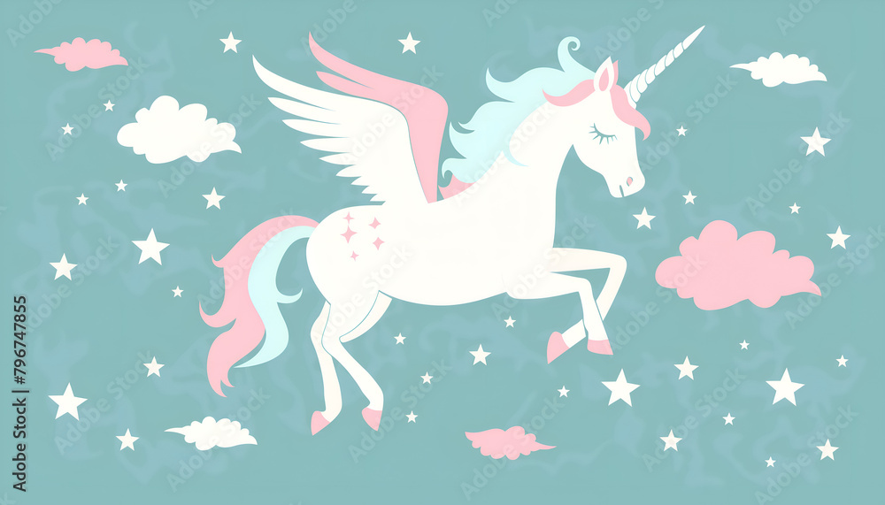 Cartoon unicorn silhouette with stars on green background . Magic wallpaper with Pegasus
Cartoon unicorn silhouette with stars on green background . Magic wallpaper with Pegasus