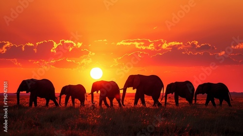 A group of elephants their silhouettes outlined against a vibrant sunset over the vast open plains..