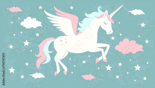 Cartoon unicorn silhouette with stars on green background . Magic wallpaper with Pegasus 