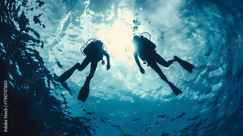 Scuba divers in silhouette swimming under water in the ocean near the surface backlit by a sun