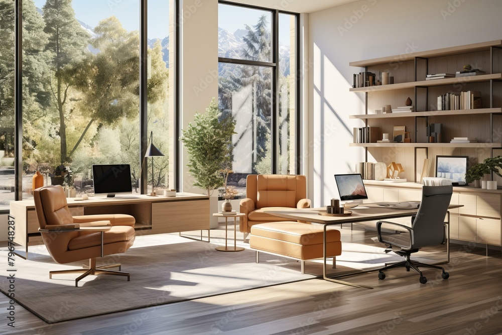 b'Modern office interior with large windows, a desk, and a comfortable chair' b'Modern office interior with large windows, a desk, and a comfortable chair'