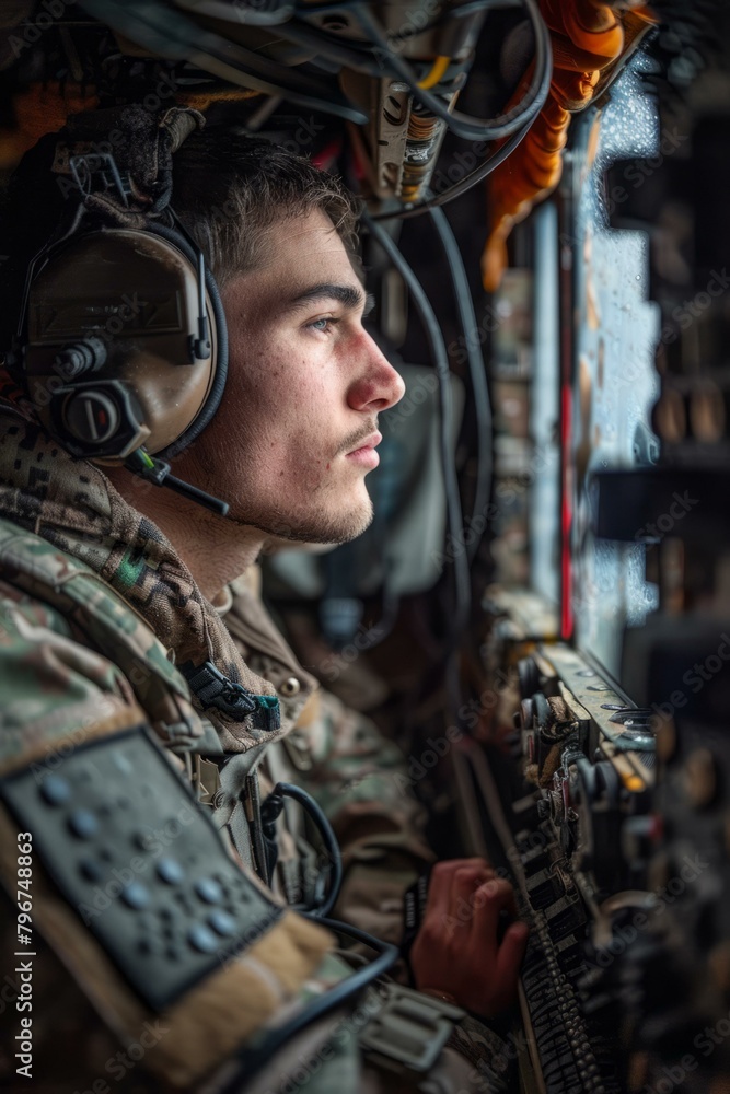 b'A soldier wearing a headset looks out the window of an aircraft.'