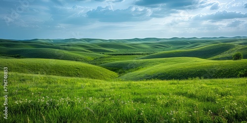 b Vast green rolling hills under blue sky with white clouds 