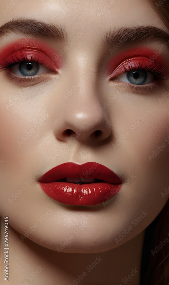 A girl's face, lips painted with bright red lipstick.