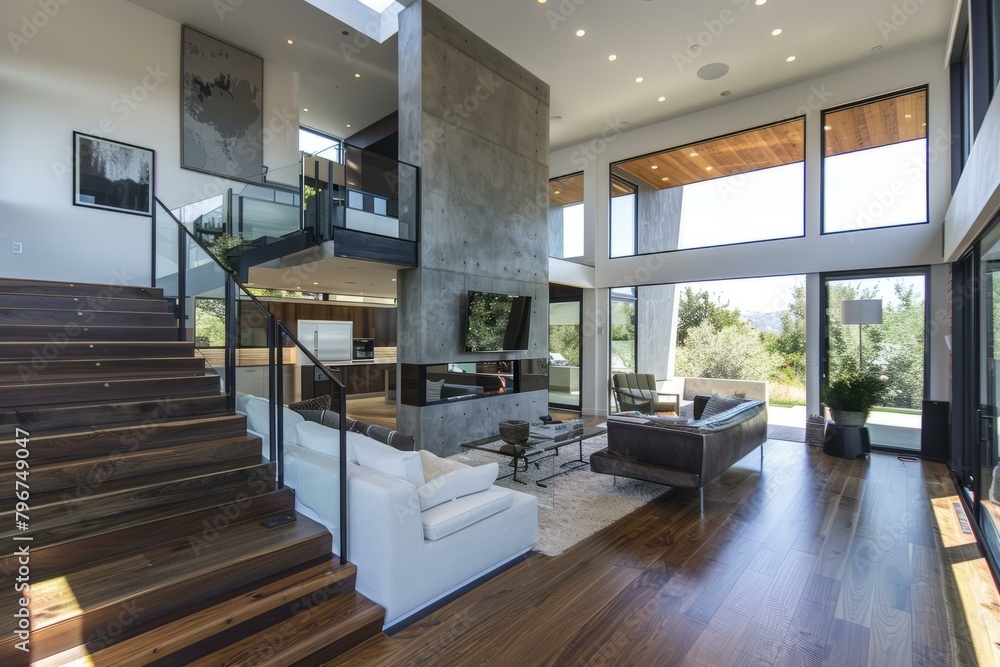 b'Modern house interior living room with open floor plan'