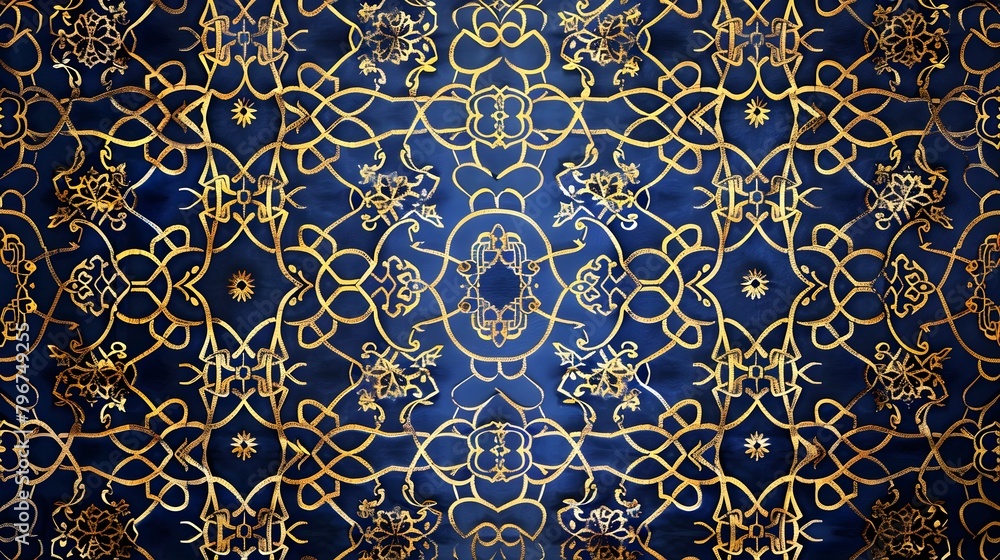Ornate Islamic Tapestry Pattern in Dark Blue and Gold: A Cultural Expression of Elegance and Luxury