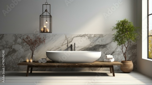 b Bathroom interior with a modern bathtub  wooden bench  and marble wall tiles 
