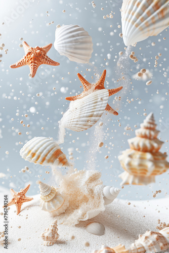 Starfish and shells levitation in air over sand with sparkling particles against blue background