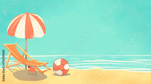 Illustration of an umbrella, sunbed and ball on the beach, space for text 