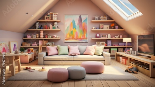 b Cozy and colorful attic playroom with lots of toys and a large sofa 