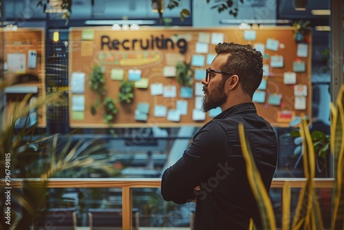 Recruitment concept image with a young man recruitment consultant manager in office next to a sign Recruiting