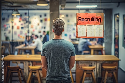 Recruitment concept image with a young man recruitment consultant manager in office next to a sign Recruiting