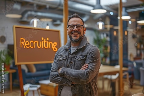 Recruitment concept image with a young man recruitment consultant manager in office next to a sign Recruiting