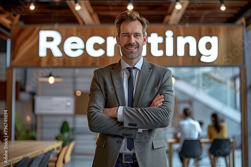 Recruitment concept image with a young man recruitment consultant manager in office next to a sign Recruiting