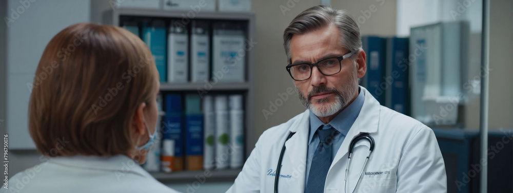 Professional Dialogue, Sales Representative Engages Doctor in Medical Facility, Presenting New Medication on Tablet for Discussion. - obrazy, fototapety, plakaty 