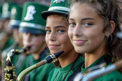 Two female high school students in a marching band wearing green uniforms and playing the saxophone
