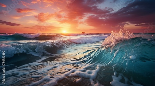 b'Beautiful sunset over the ocean with large crashing wave' photo