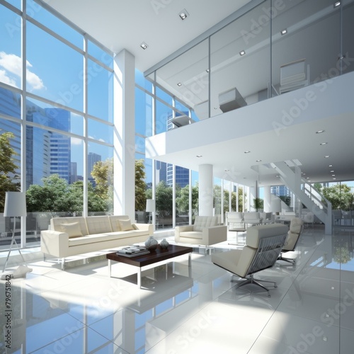 b'3D rendering of a modern office interior with a large glass window'