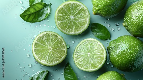 A lime cut in half:  Sour green lime halves, a citrus fruit high in vitamin C photo