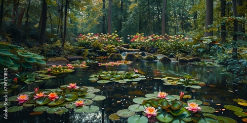 Colorful flowers and lily pads in a pond in a forest photo