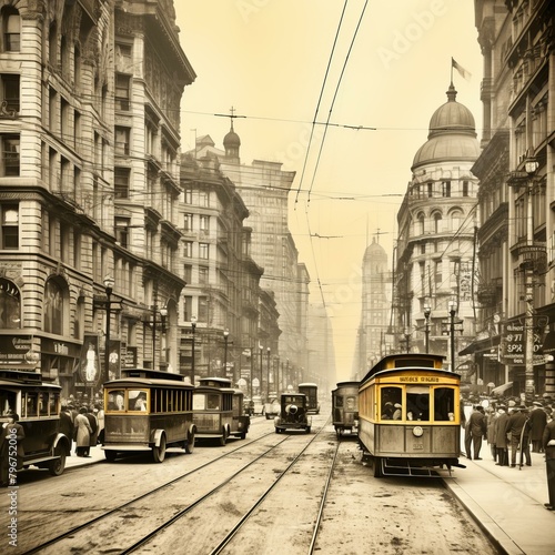 b'Crowded City Street with Trams in the Early 20th Century' photo