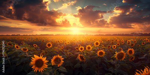 Retro illustration of sunflower sun flower field landscape