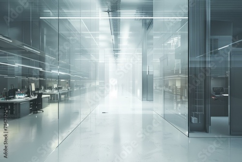 b An empty futuristic office building with glass walls 