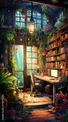 b Cozy home office with lots of plants and a big bookshelf 