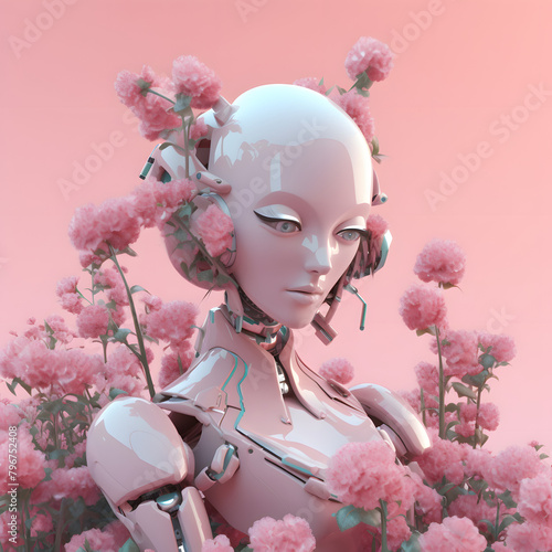 Robot Inteligencia artificial en un paisaje futurista rodeado de flores. Color rosa. Sci-fi. Flores. IA. Robot. Generado con IA.