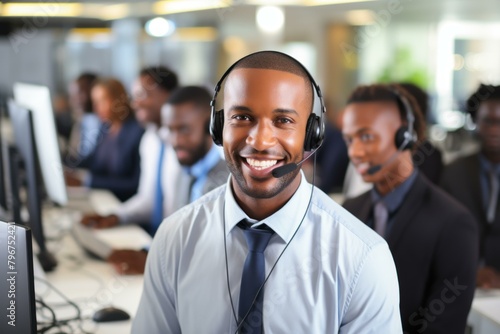 b'Black call center agent wearing a headset and smiling at the camera'