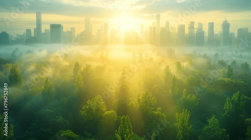 An aerial view of a foggy forest with a city in the distance photo
