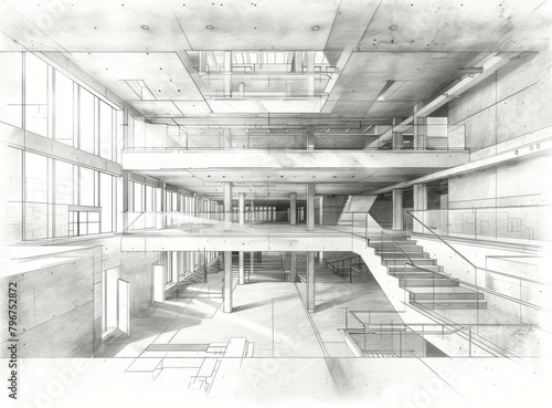 b'Architectural sketch of a building interior'