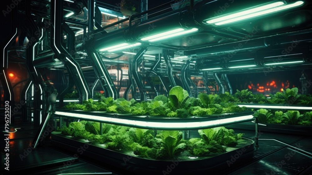 Futuristic hydroponic farm in 3D, leafy vegetables meticulously grown in a controlled, scifi themed atmosphere,