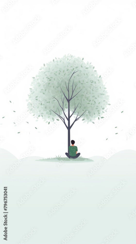 Minimalistic 2D vector artwork of a lone character sitting under a tree, using soft pastel colors and a clean, white background for text, - obrazy, fototapety, plakaty 