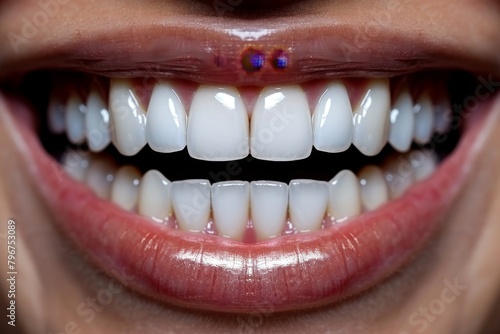 Close-up of a smiling woman's mouth with a medusa piercing.