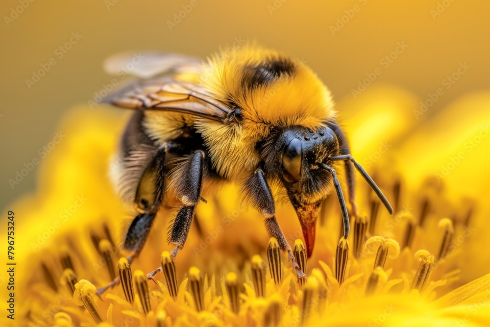 Macro shot bee on a blooming sunflower. Copy space. Bee day, 20 may. Macro shot bee on a blooming sunflower. Copy space. Bee day, 20 may.