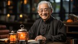 b'Portrait of a smiling elderly Asian man'