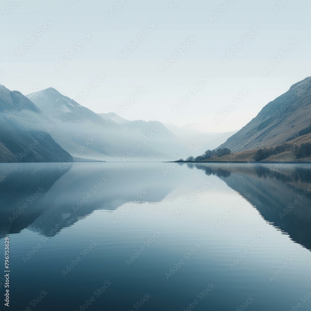b'Serene lake reflecting the beauty of the surrounding mountains'