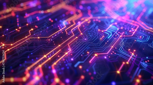 b'Abstract illustration of a computer circuit board with glowing orange and purple lines and dots representing data flowing through the system.'