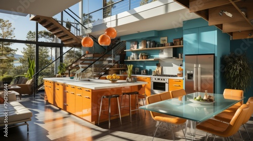 b'Blue and orange modern kitchen interior design'