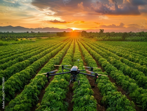 b'A drone flies over a lush green field of crops at sunset' photo