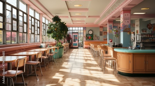 b'Retro cafeteria with pink and green walls and large windows'