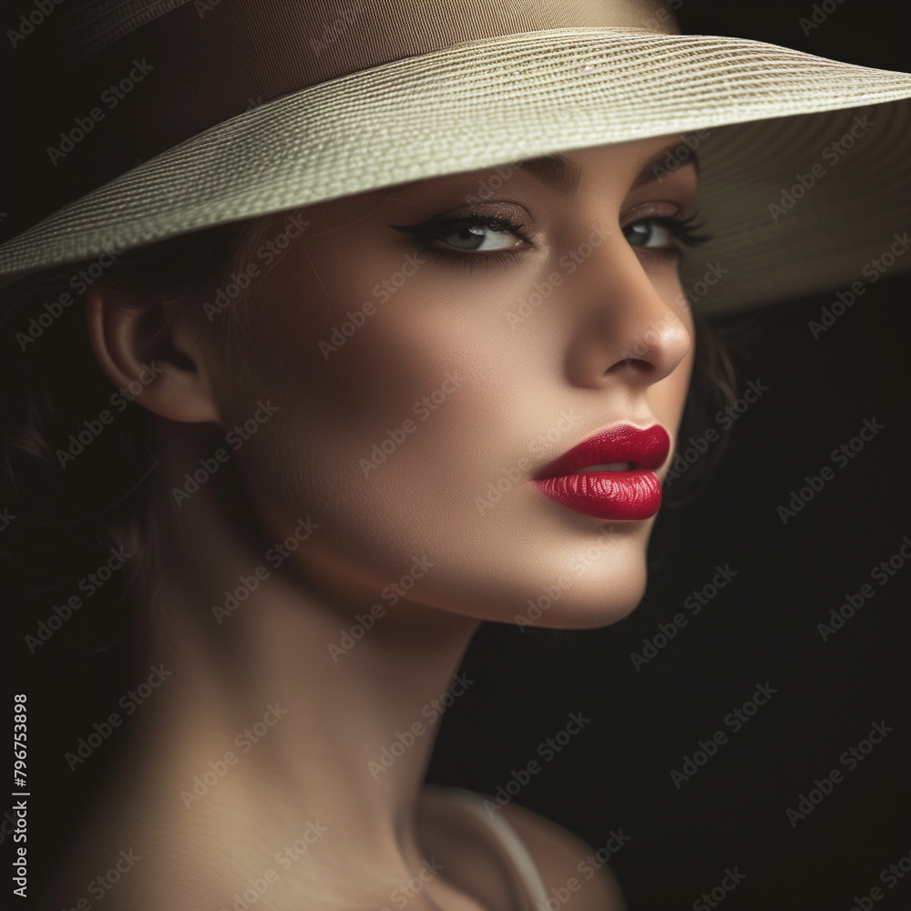 A sophisticated woman with red lips wearing a wide-brimmed white hat casts a mysterious shadow over her features A sophisticated woman with red lips wearing a wide-brimmed white hat casts a mysterious shadow over her features