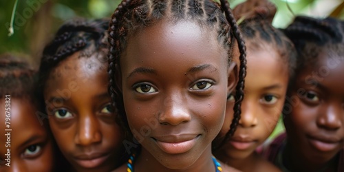 b'Portrait of a young African girl with three friends in the background'