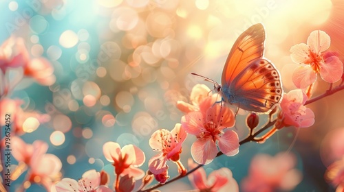 b'Orange butterfly on a branch of cherry blossoms'