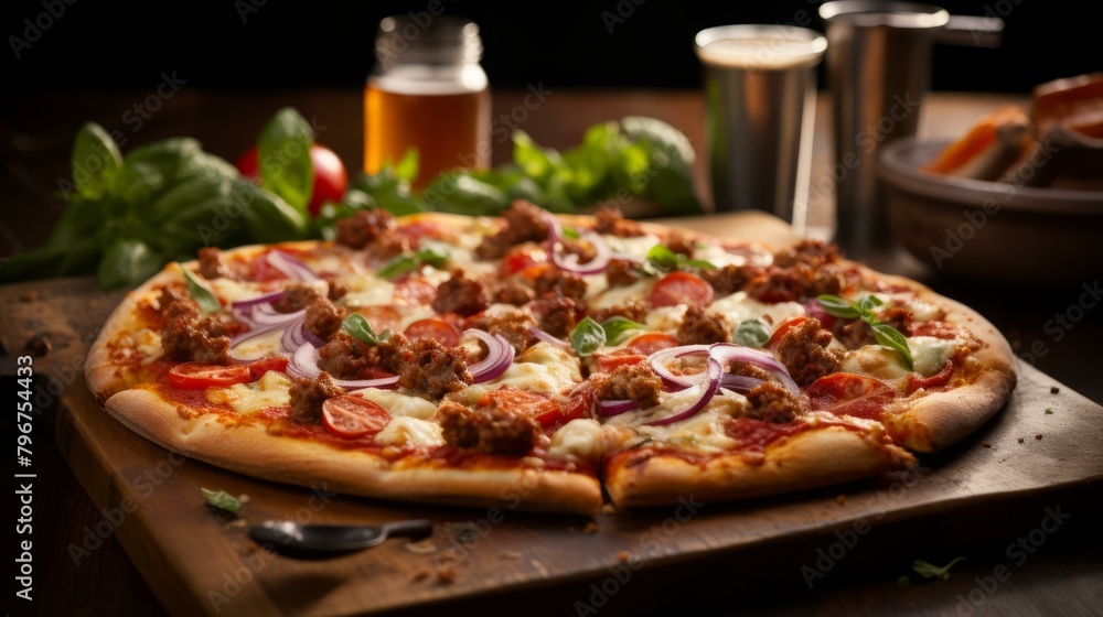 b'A delicious pizza with sausage, red onion, tomato, basil, and mozzarella cheese'