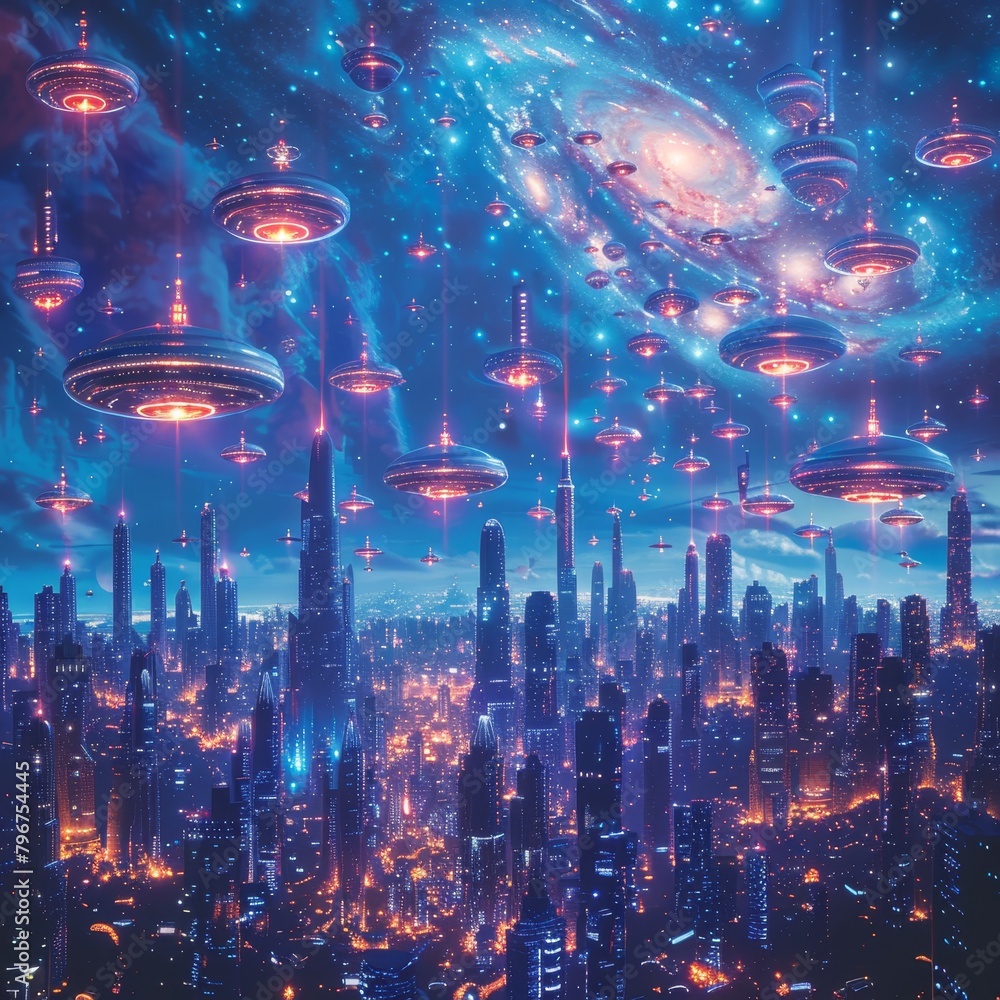 A hyper-futuristic cityscape with flying cars and advanced technology. A hyper-futuristic cityscape with flying cars and advanced technology.